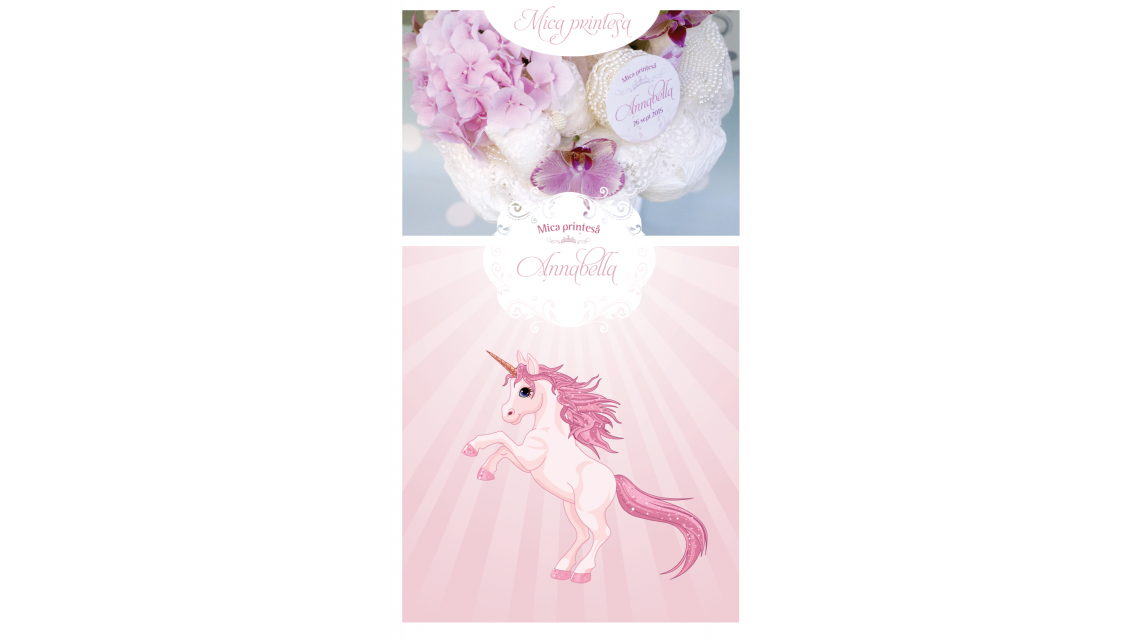 Lumanare de botez pentru fetite cu hortensii si unicorni, 65x4cm, Fairytale Unicorn 1